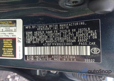 2017 Toyota Camry Se из США, поврежденный, VIN 4T1BF1FK9HU333805